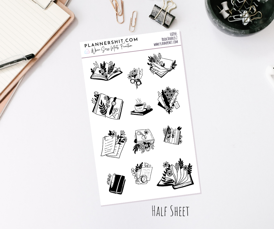 Half Sheet Planner Stickers - Book Doodles 2