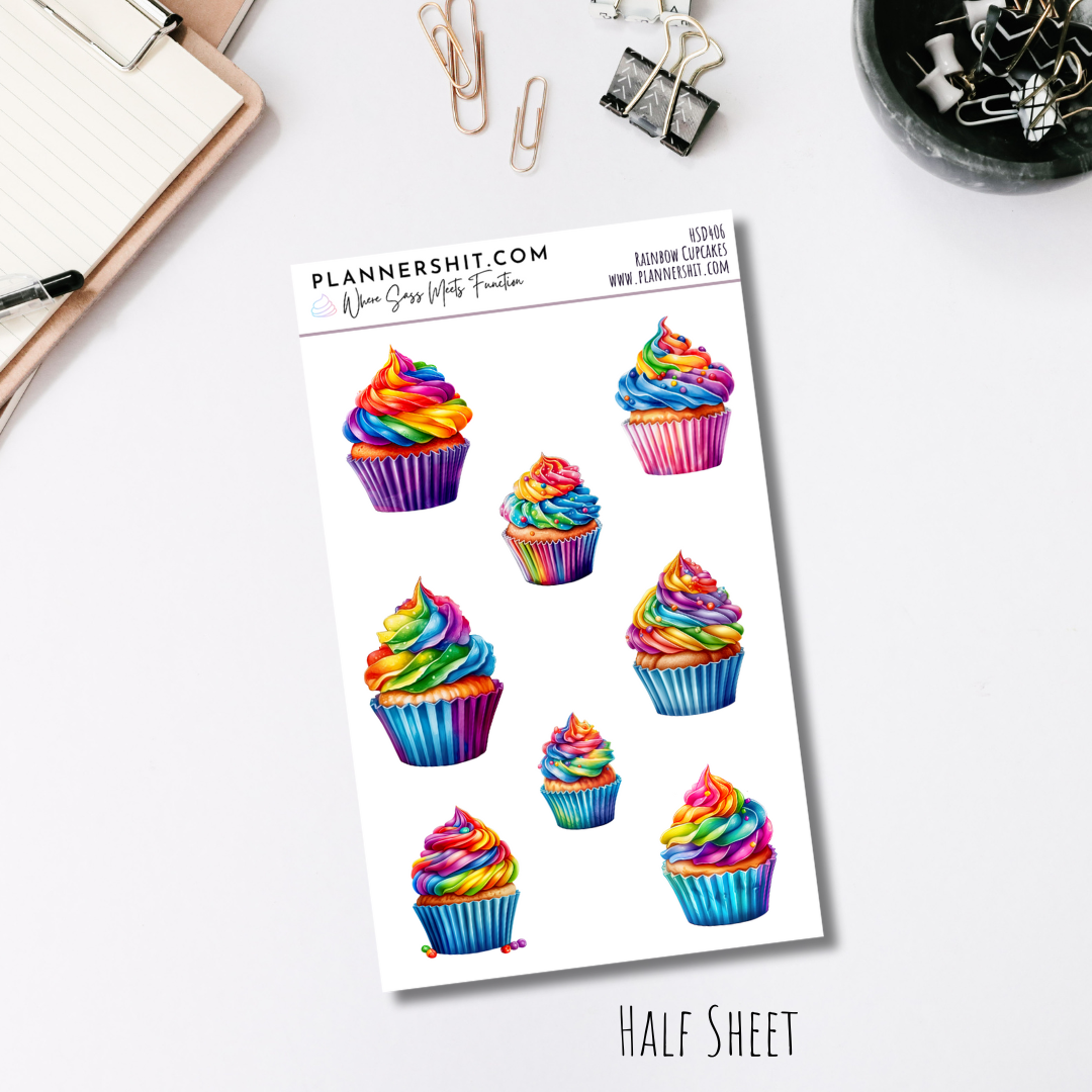 Half Sheet Planner Stickers - Rainbow Cupcakes