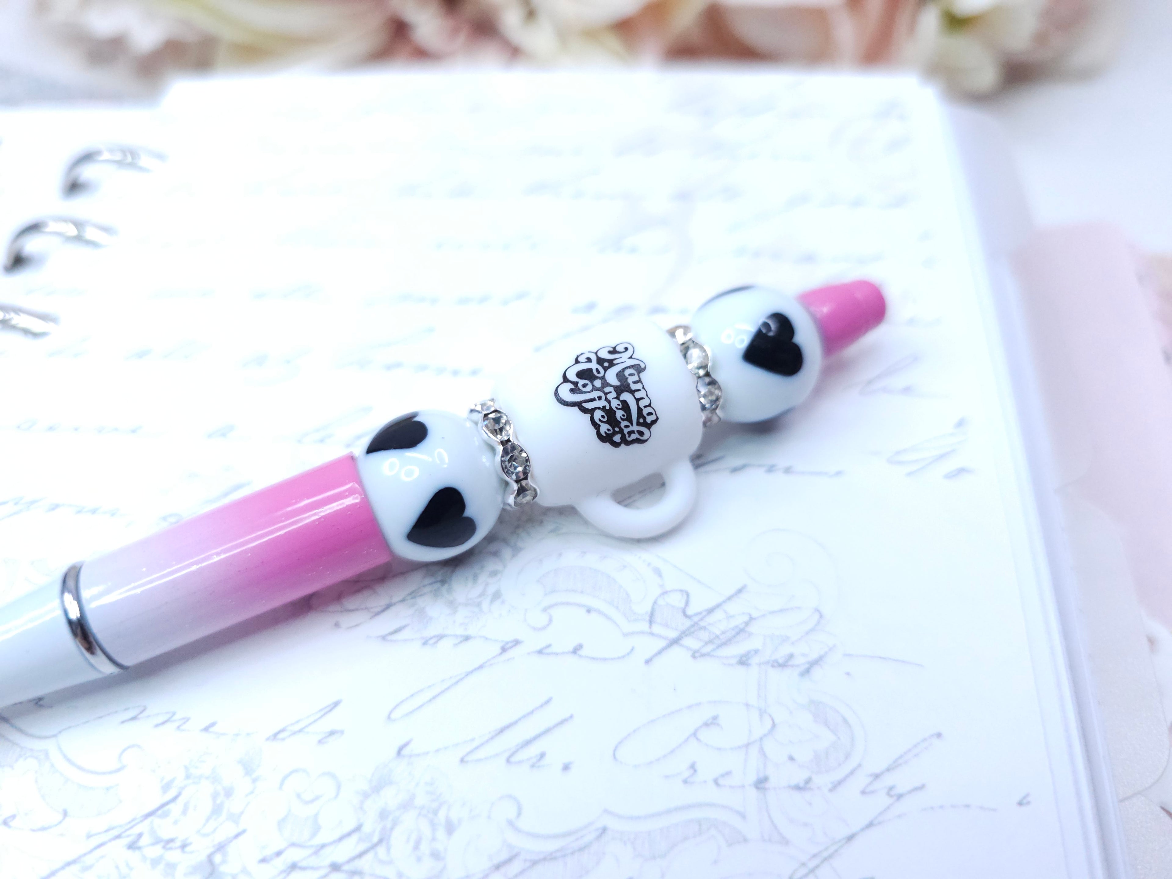 Beaded Pen - Mama Needs Coffee in Pink