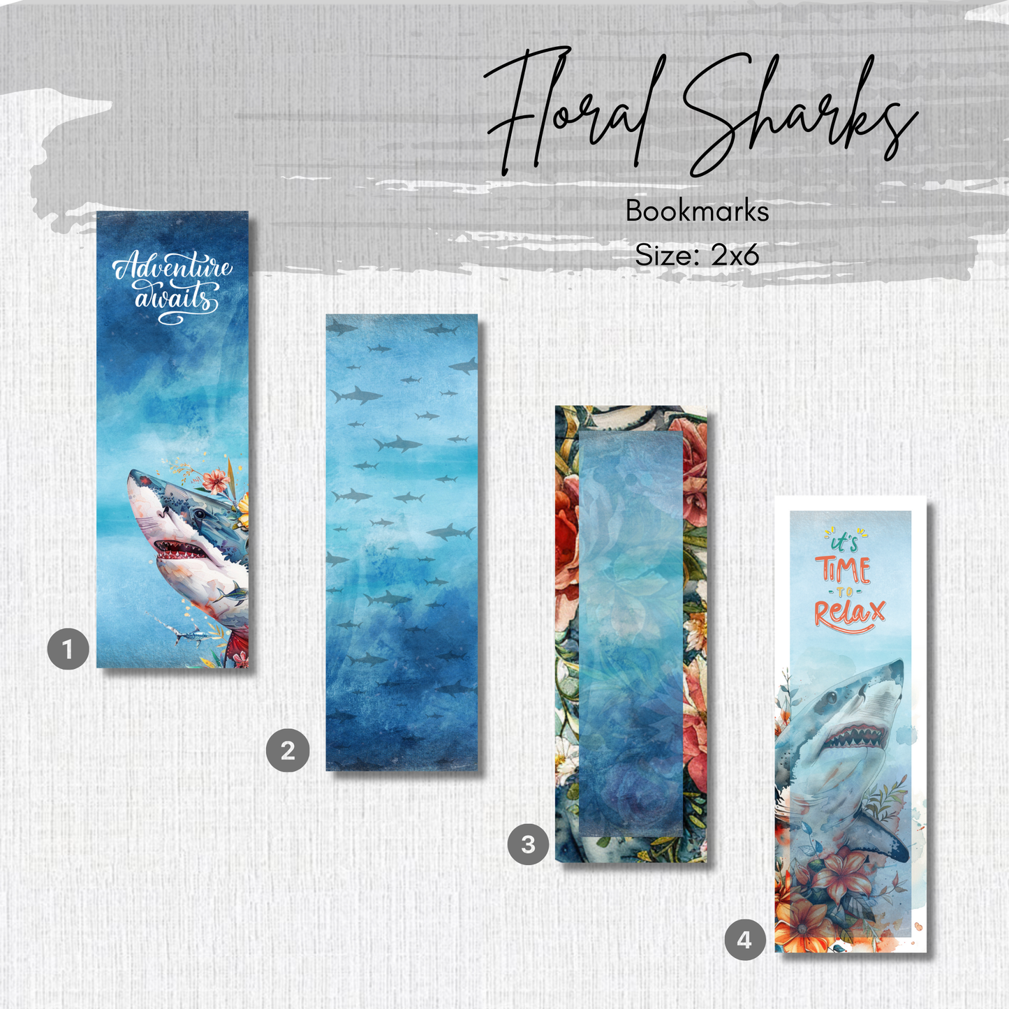 Paper Bookmark - Floral Sharks