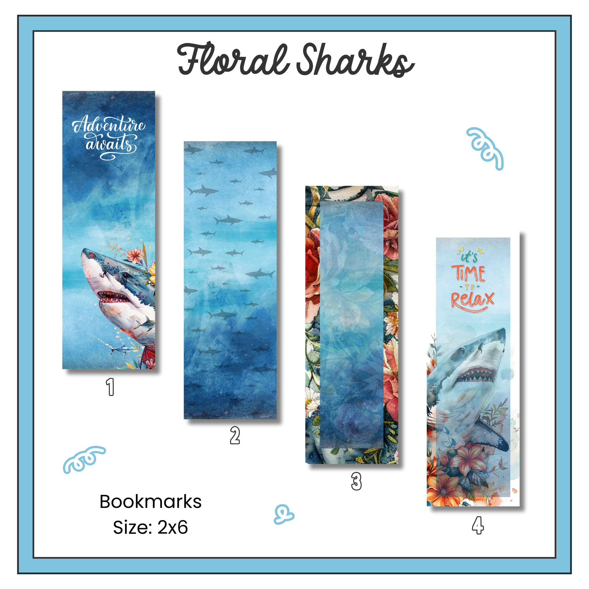 Paper Bookmark - Floral Sharks