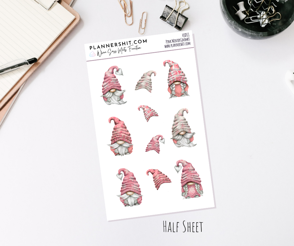 Half Sheet Planner Stickers - Pink Winter Gnomes