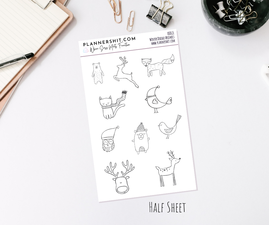 Half Sheet Planner Stickers - Winter Doodle Animals