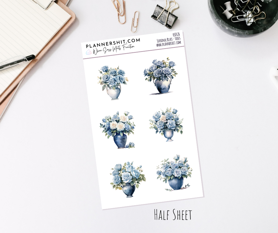 Half Sheet Planner Stickers - Seasonal Blues Vases