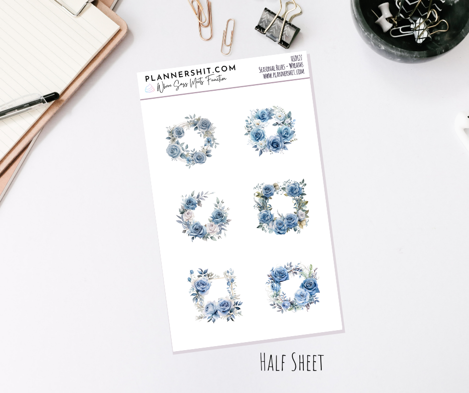 Half Sheet Planner Stickers - Seasonal Blues Wreaths