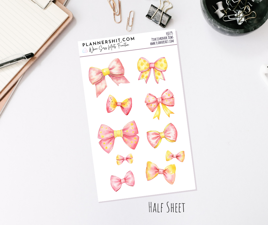 Half Sheet Planner Stickers - Pink Lemonade Bows