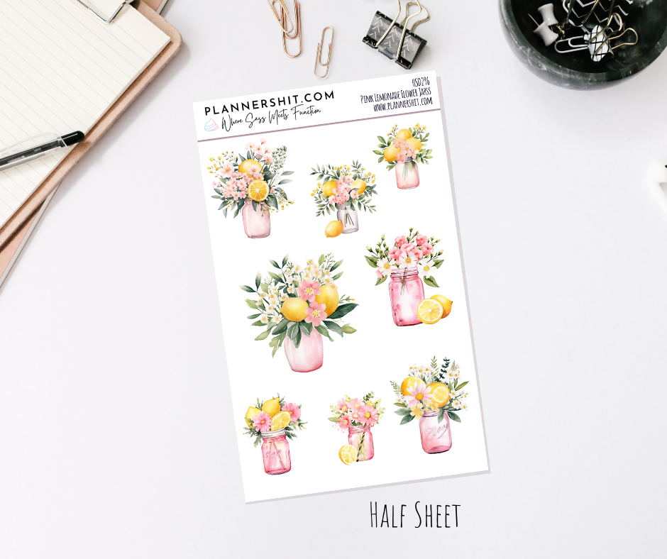 Half Sheet Planner Stickers - Pink Lemonade Flower Jars