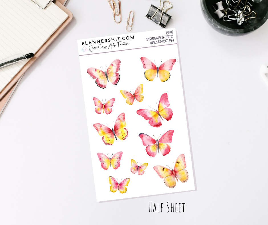 Half Sheet Planner Stickers - Pink Lemonade Butterflies