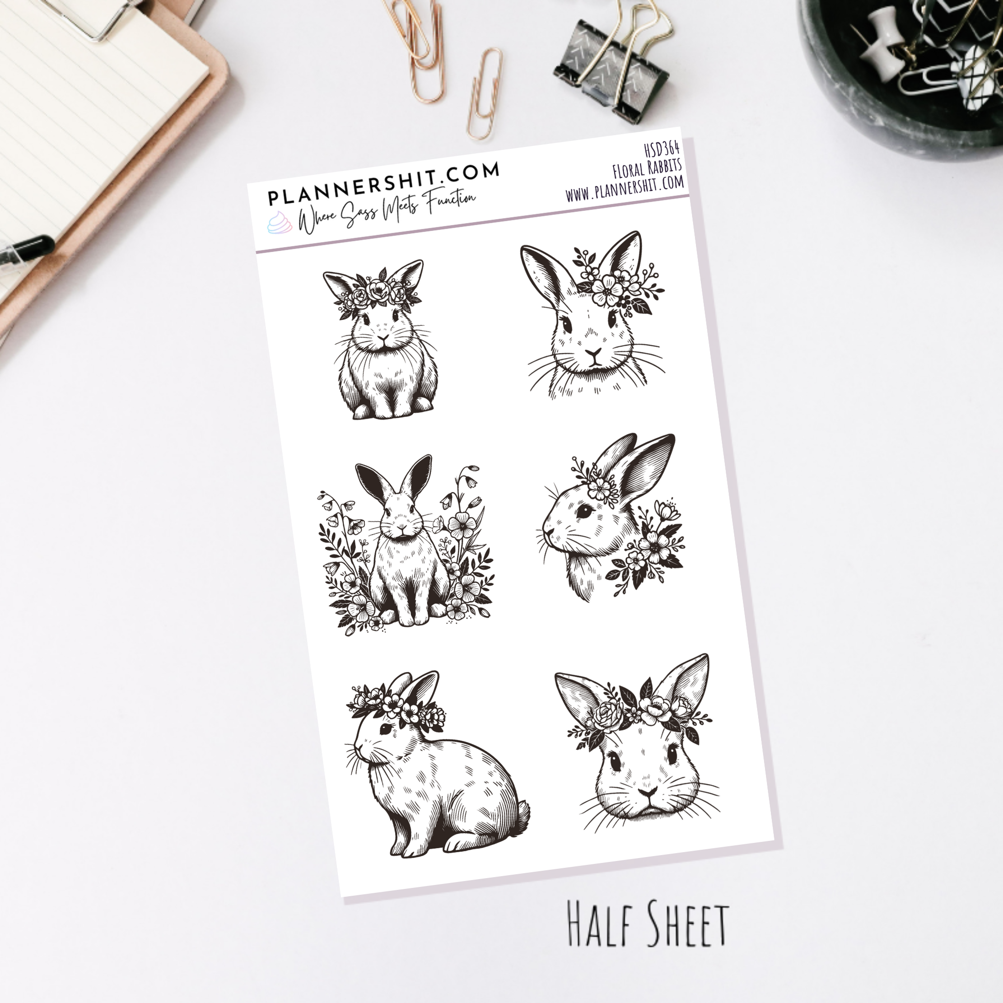 Half Sheet Planner Stickers - Floral Rabbits