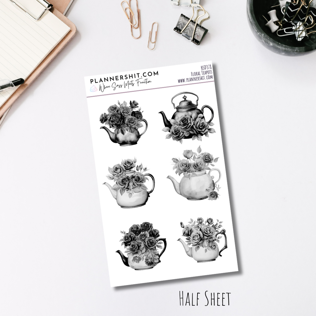 Half Sheet Planner Stickers - Floral Teapots