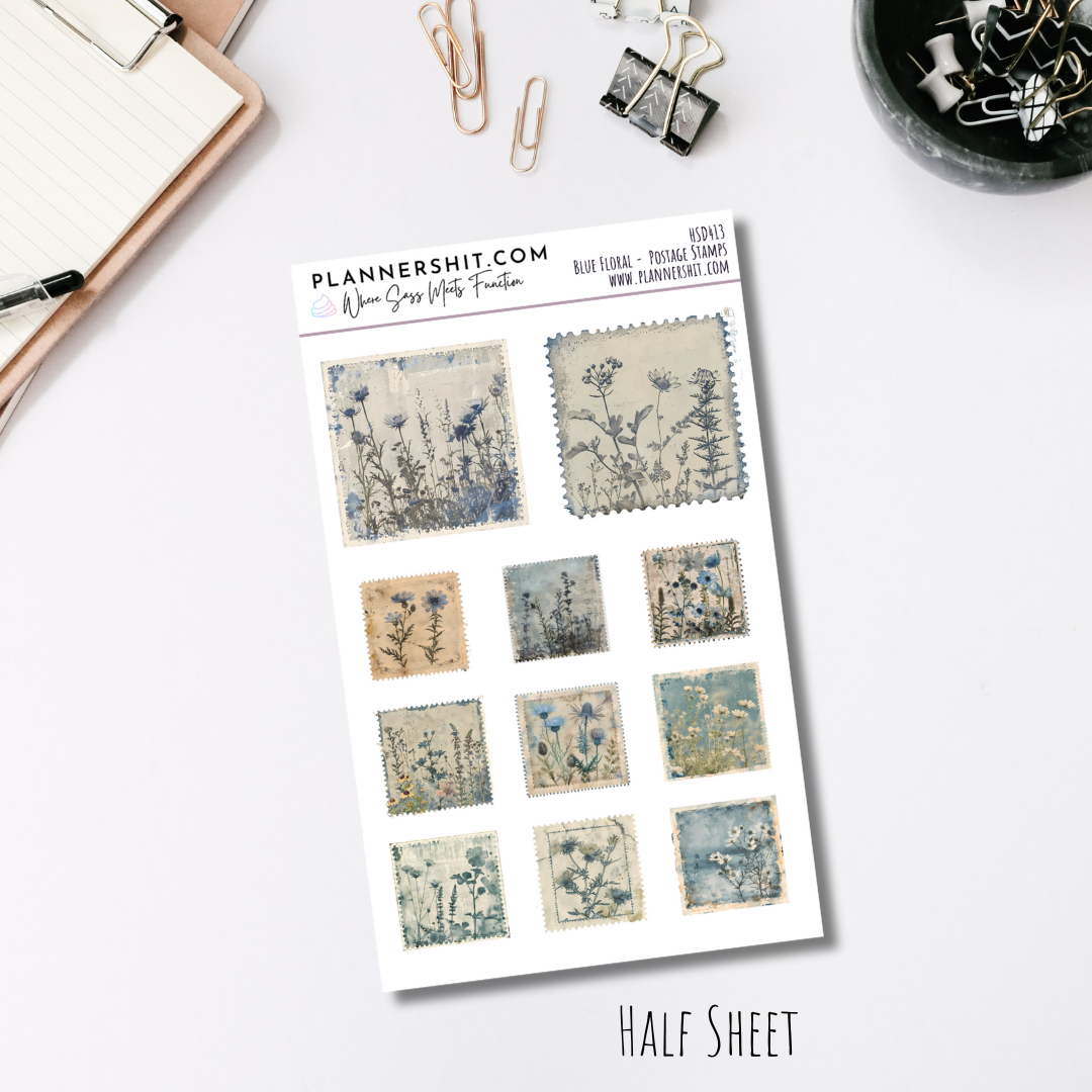 Half Sheet Planner Stickers - Blue Floral Stamps