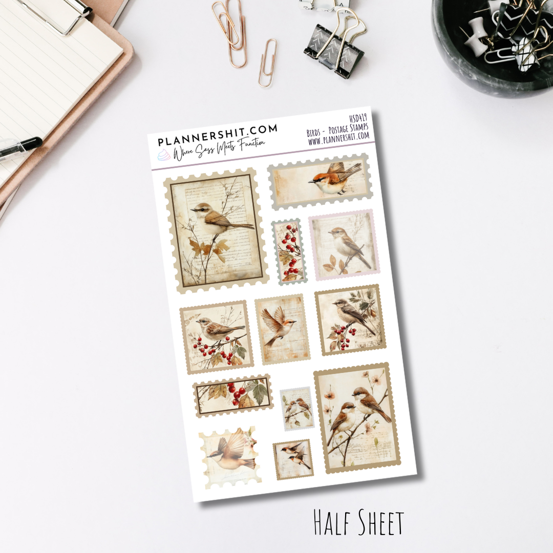 Half Sheet Planner Stickers - Birds Stamps