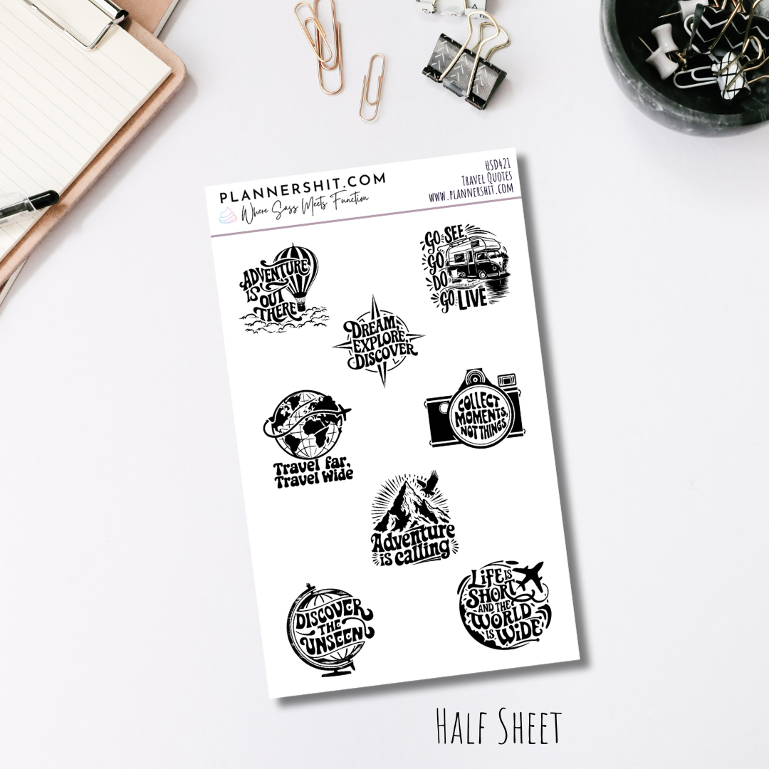 Half Sheet Planner Stickers - Travel Quotes