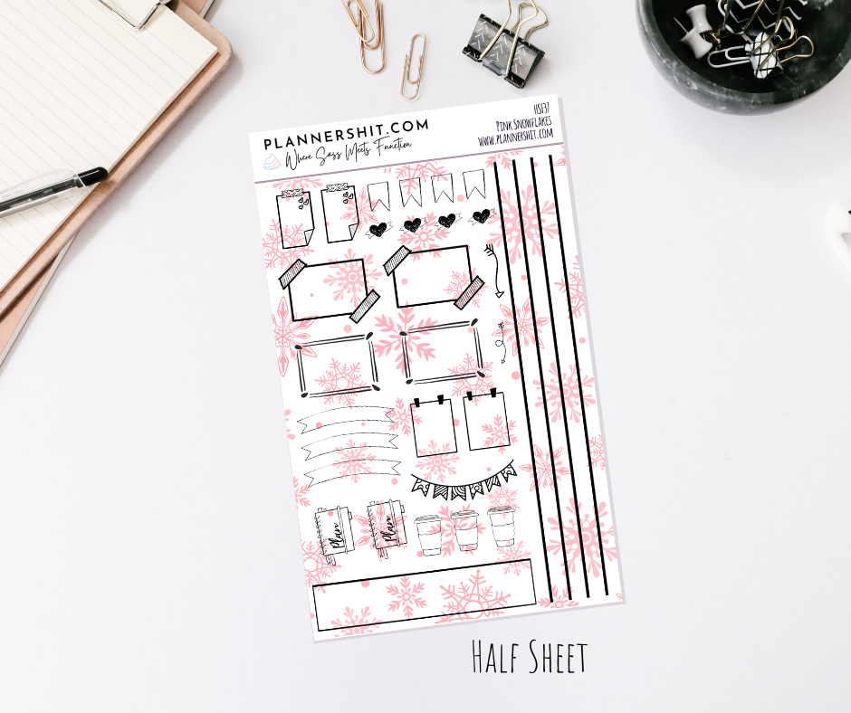 Half Sheet Planner Stickers - Pink Snowflakes