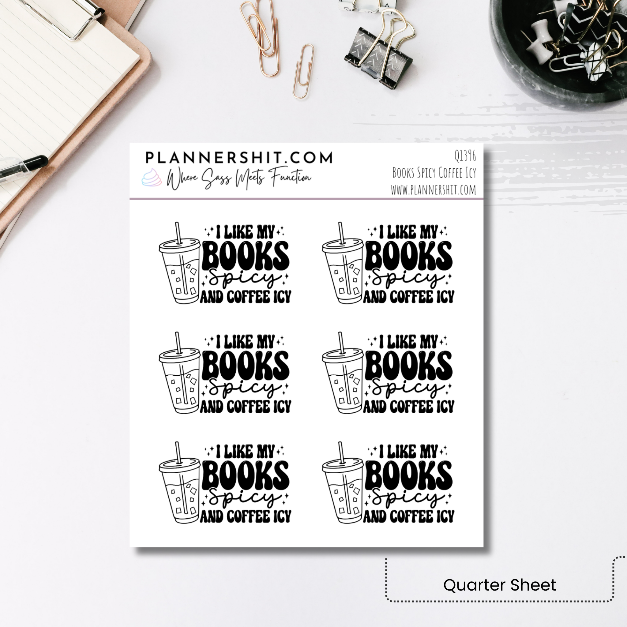 Quarter Sheet Planner Stickers - Books Spicy, Coffee Icy