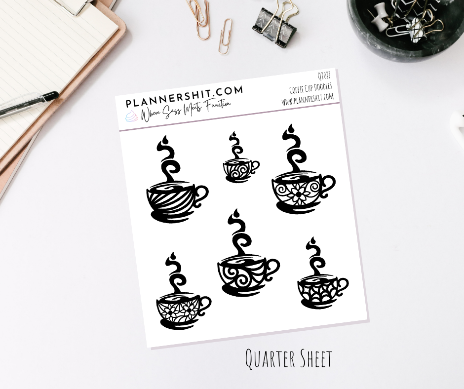 Quarter Sheet Planner Stickers - Coffee Cup Doodles