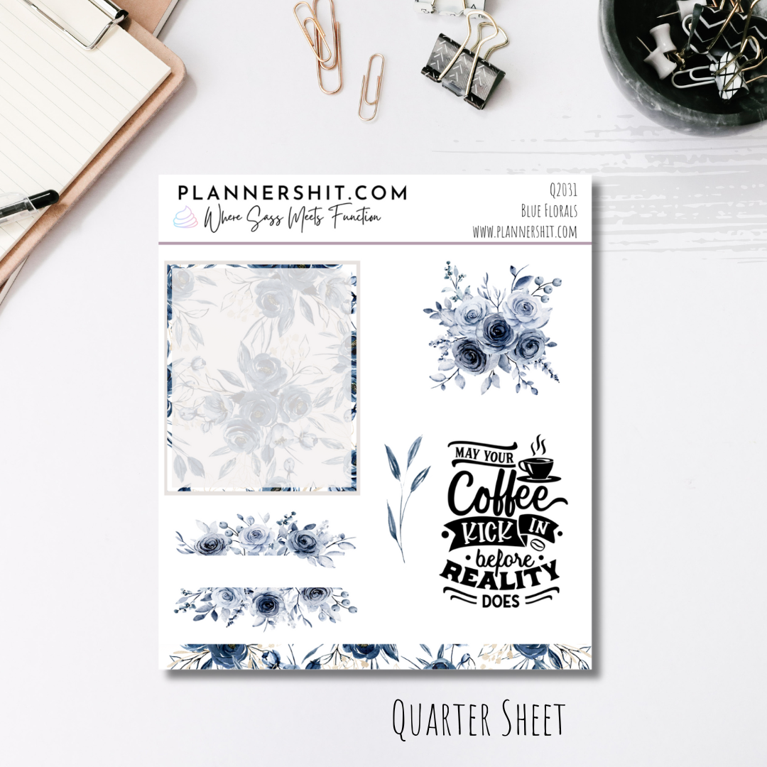 Quarter Sheet Planner Stickers - Blue Florals