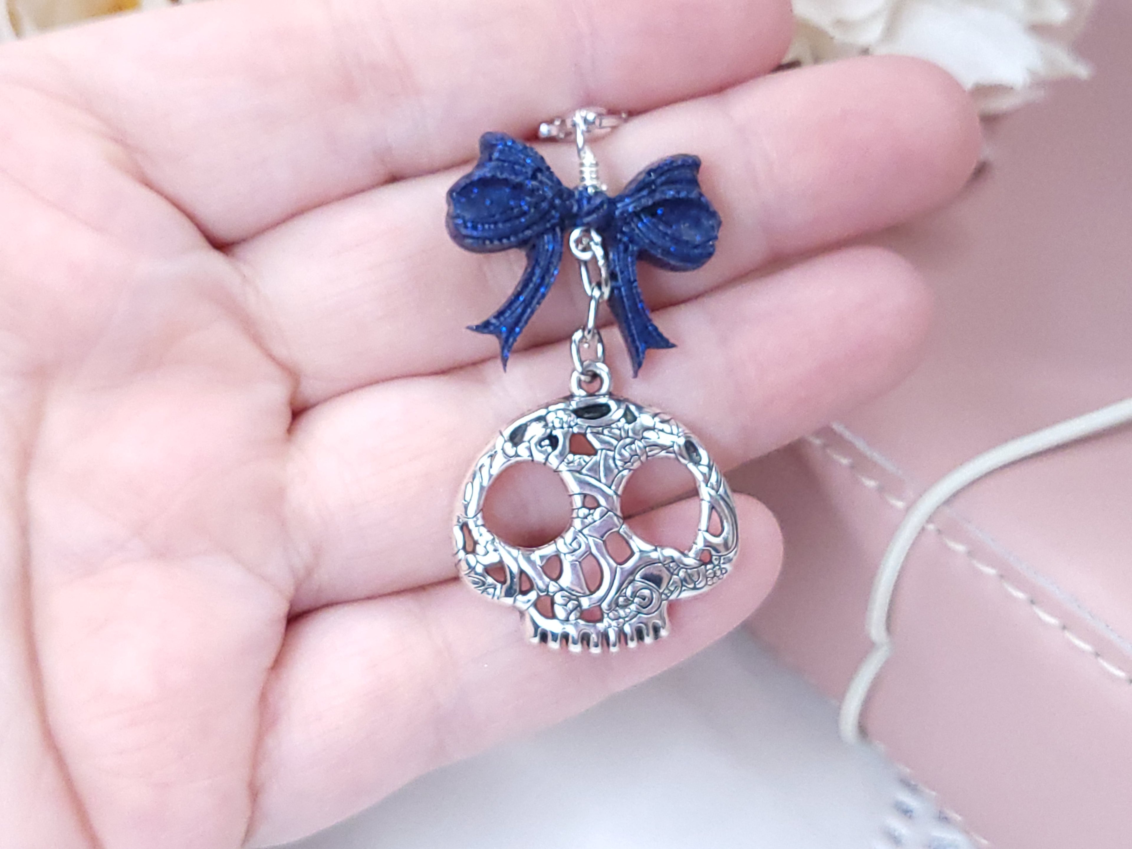 Patterned Skull with Galactic Blue Bow Charm