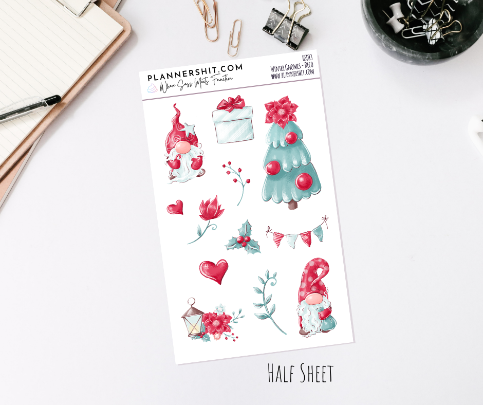 Half Sheet Planner Stickers - Winter Gnomes Deco