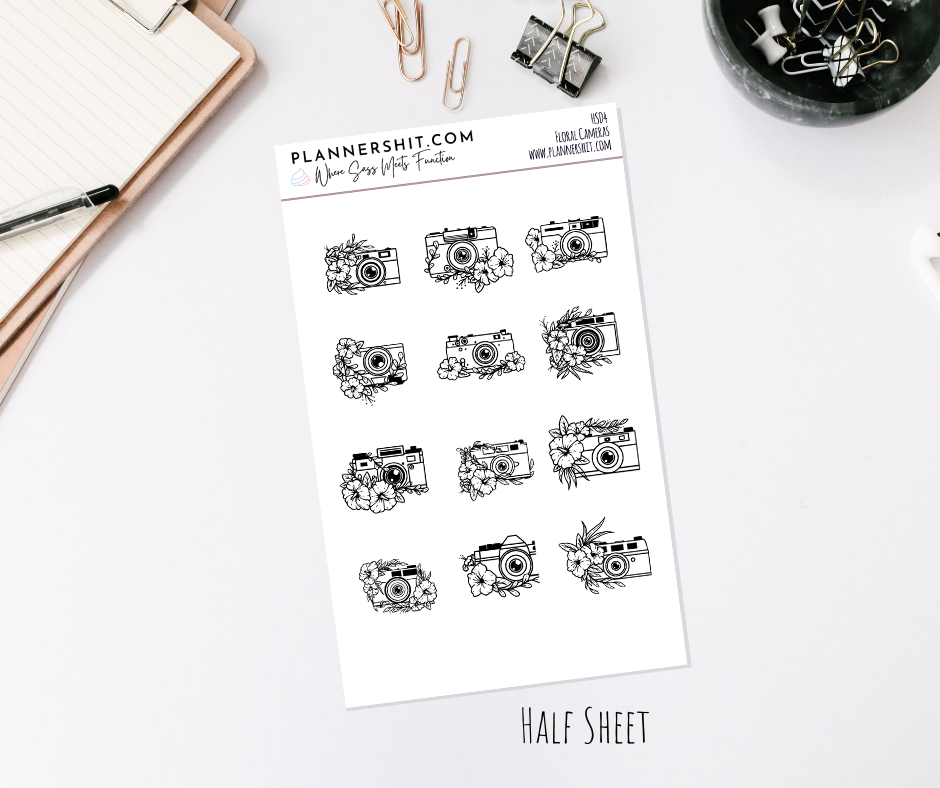 Half Sheet Planner Stickers - Floral Cameras