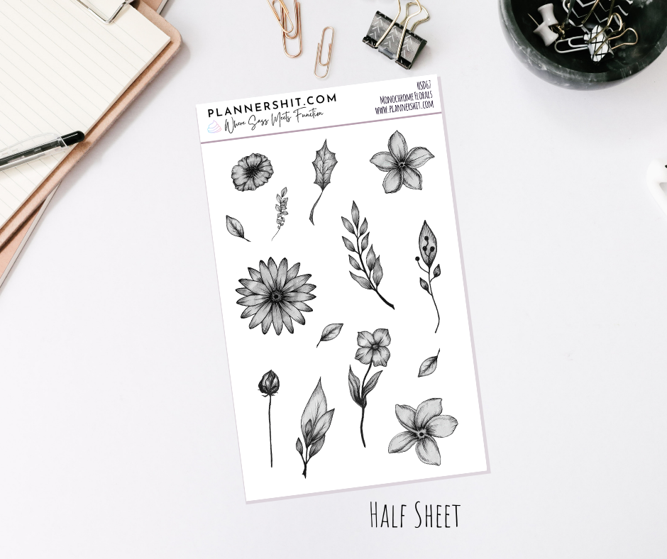 Half Sheet Planner Stickers - Monochrome Florals