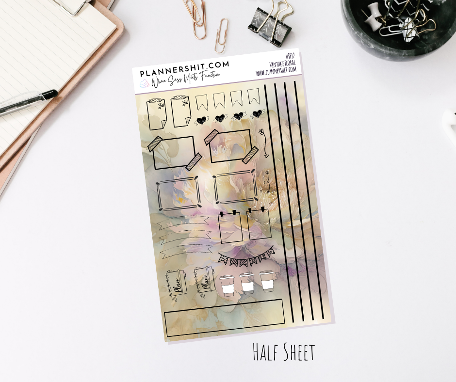 Half Sheet Planner Stickers - Vintage Floral - Functional