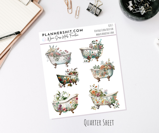Quarter Sheet Planner Stickers - Floral Bathtubs