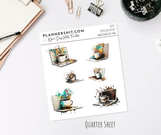 Quarter Sheet Planner Stickers - Coffee and Laptops